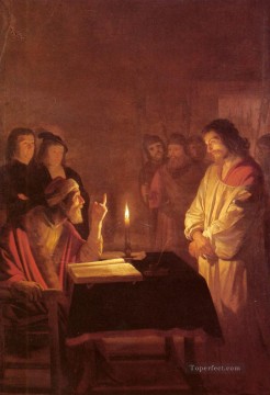  night Oil Painting - Christ Before the High Priest nighttime candlelit Gerard van Honthorst